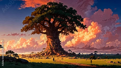 Video footage of massive, ancient tree stands majestically in an open field under a vibrant, colorful sky with scattered clouds, creating a serene and awe inspiring landscape