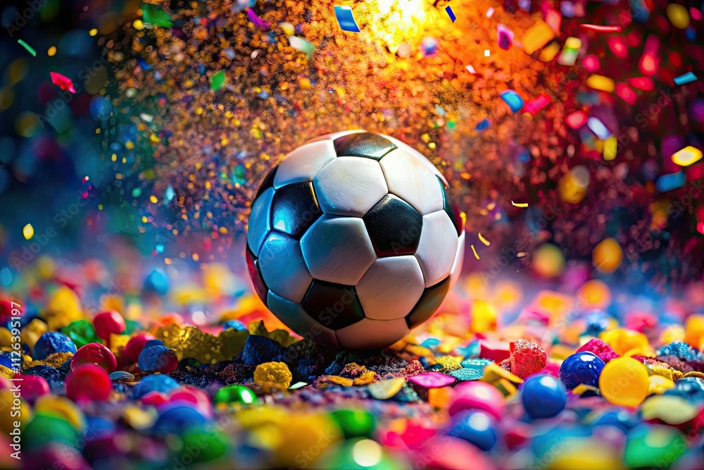 Fototapeta premium Exploding macro soccer ball confetti: a vibrant, close-up celebration captured.
