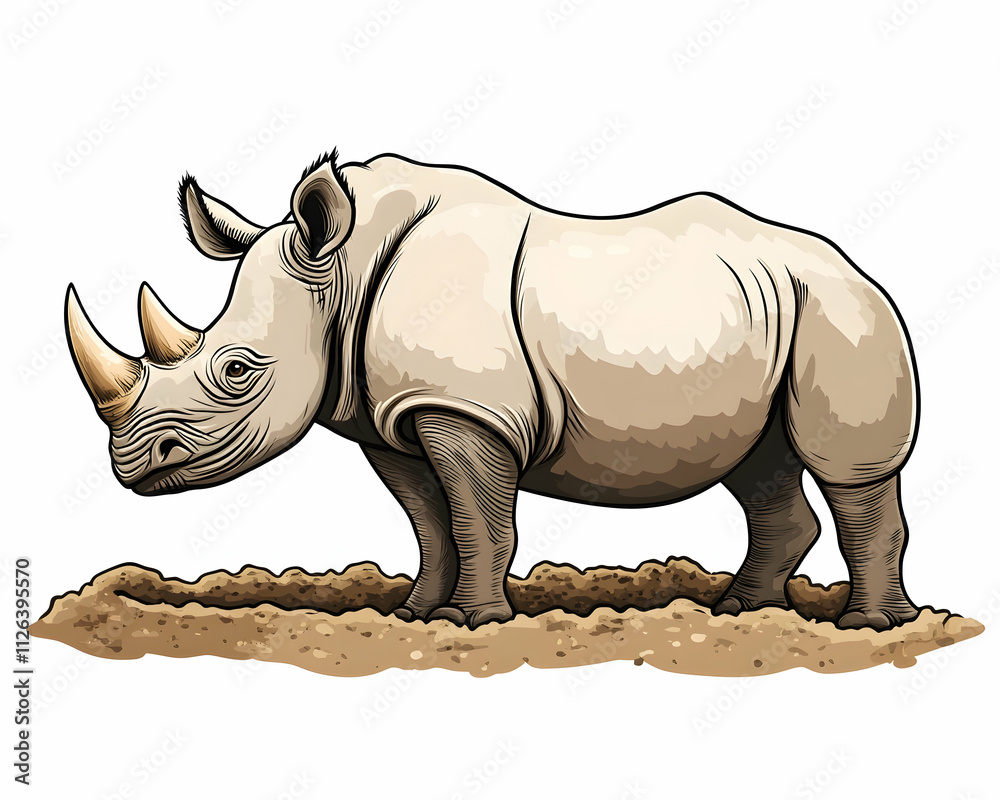 Fototapeta premium A detailed illustration of a rhinoceros standing on dirt.