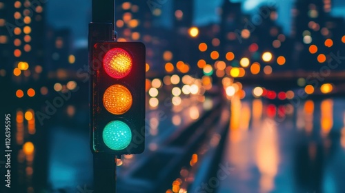 A traffic light displaying green, with a blurred cityscape in the background at dusk. photo