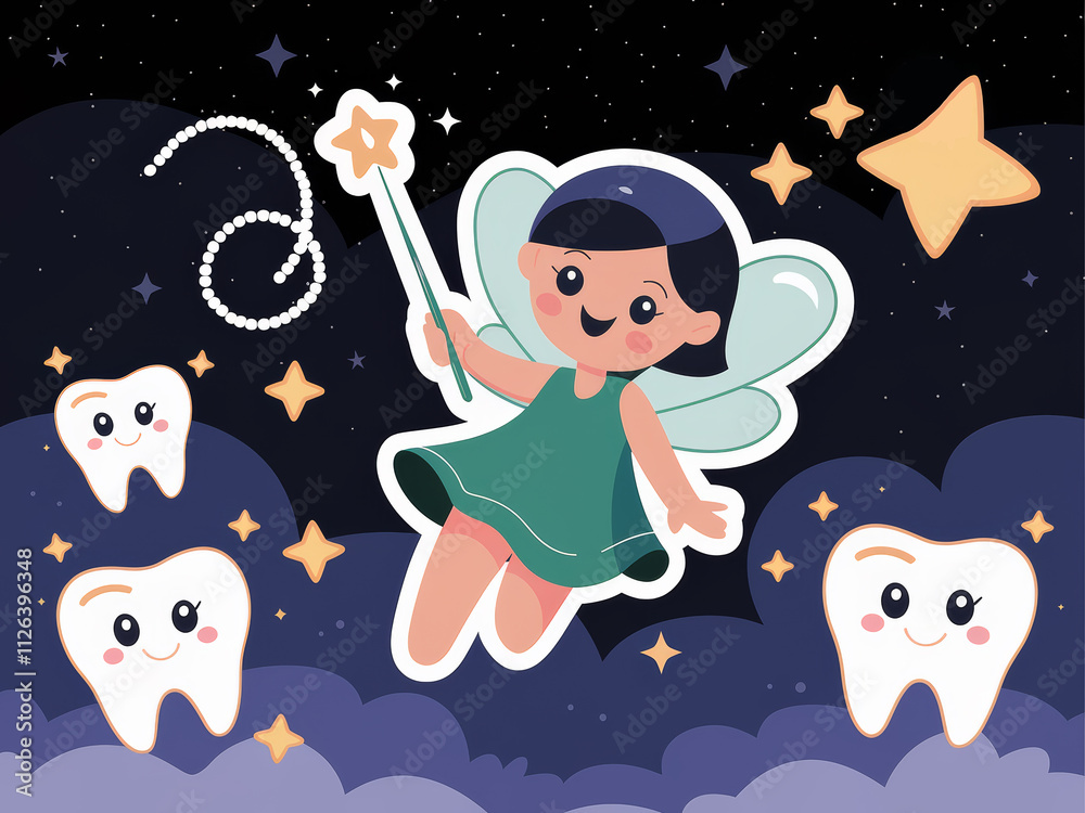 Fototapeta premium Tooth fairy adventures in a whimsical night sky with stars and smiling teeth