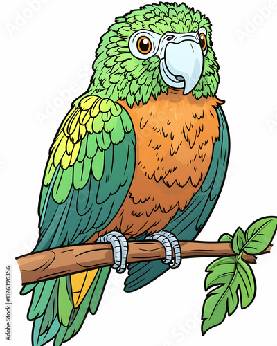 A vibrant green and orange parrot perched on a branch, detailed illustration. photo