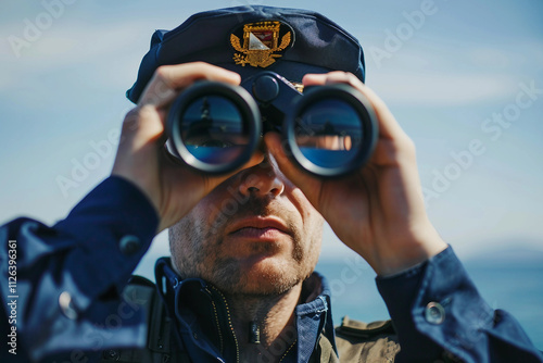 Generative AI Closeup of Coast Guard Officer Observing Ocean with Binoculars in Uniform