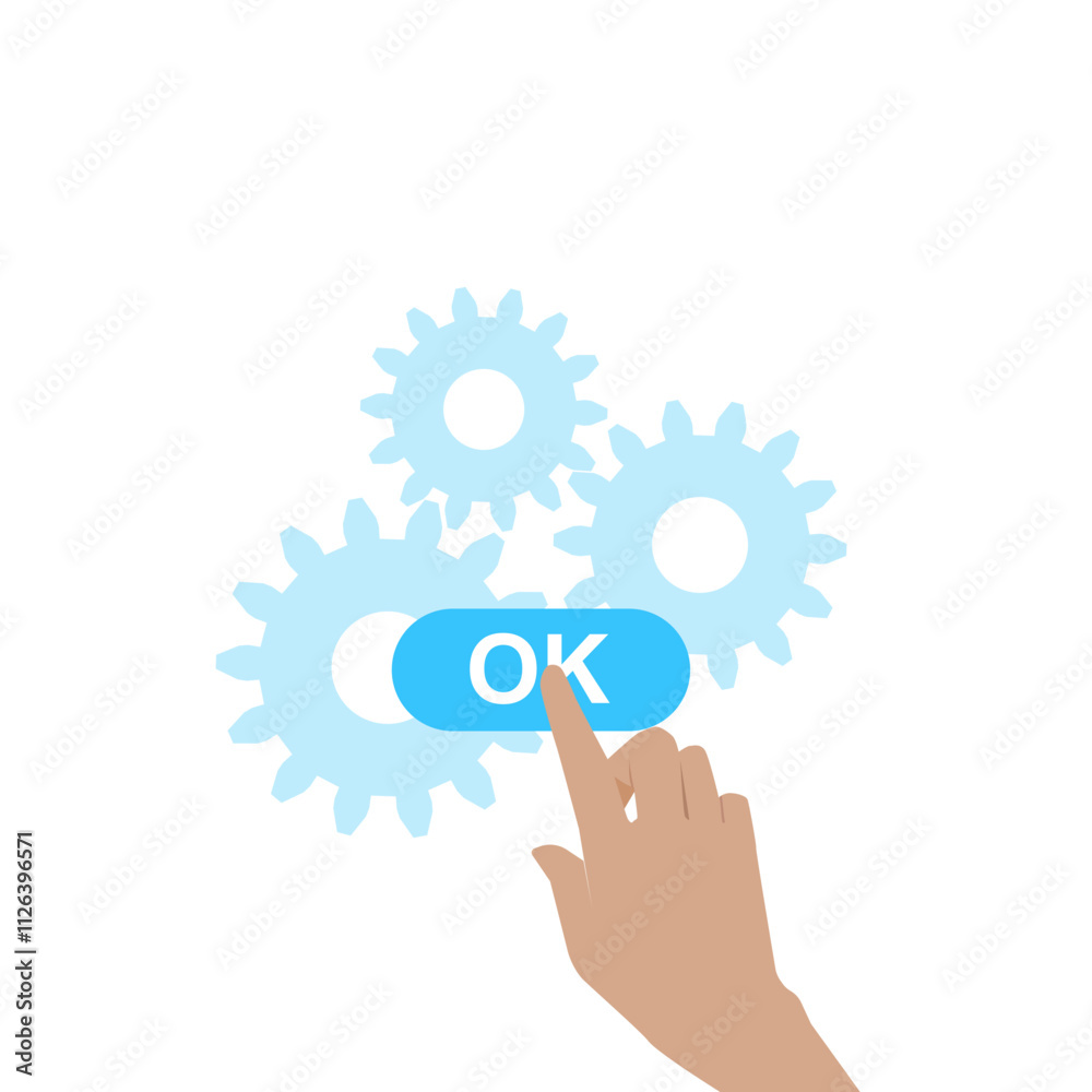 Fototapeta premium Hand presses OK button, with gear behind. illustration finished making settings. flat style vector.