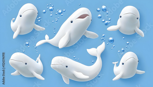 Adorable cartoon beluga whales swimming underwater, playful poses.
