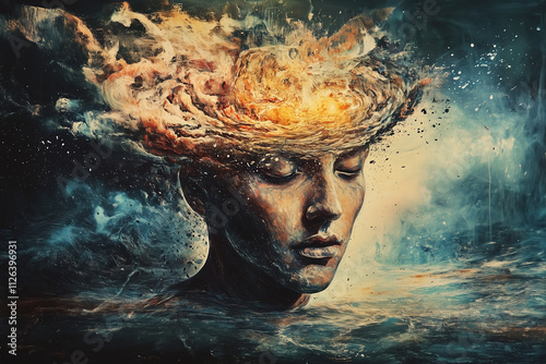 Surreal depiction of a head exploding. Social media information overload concept.