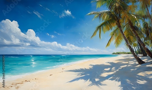 Fototapeta Naklejka Na Ścianę i Meble -  Peaceful beach scene with gentle electric blue shadows of palm trees on the sand
