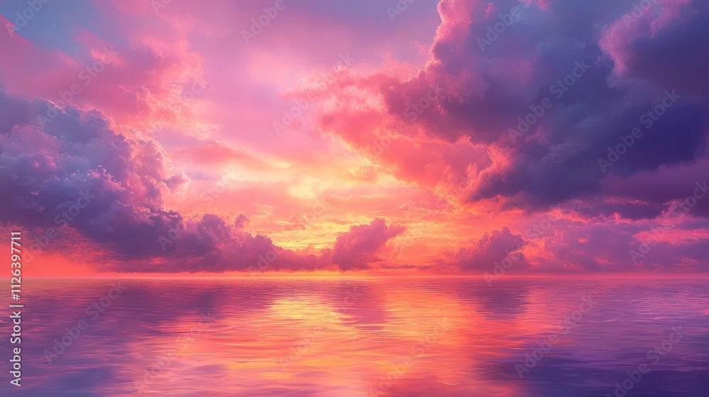 Vibrant Sunset Clouds Over Calm Ocean, Stunning Colorful Landscape, Beautiful Sky Reflection Vibrant Sunset Clouds Over Calm Ocean, Stunning Colorful Landscape, Beautiful Sky Reflection