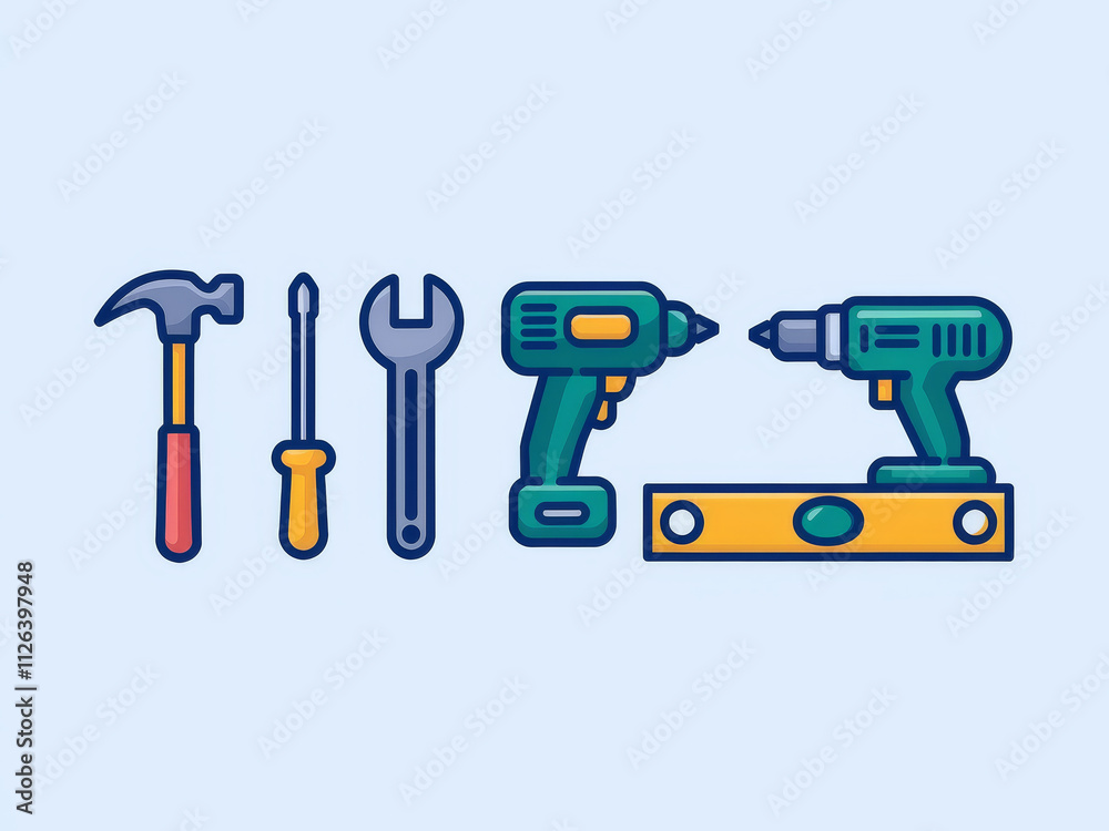 Colorful toolkit icons: hammer, screwdriver, wrench, drill, and level Colorful toolkit icons: hammer, screwdriver, wrench, drill, and level