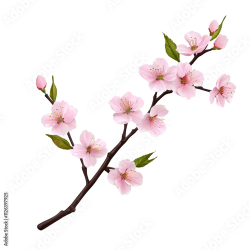 Delicate Cherry Blossom Branch with Pink Flowers and Green Leaves Against a Clean Background