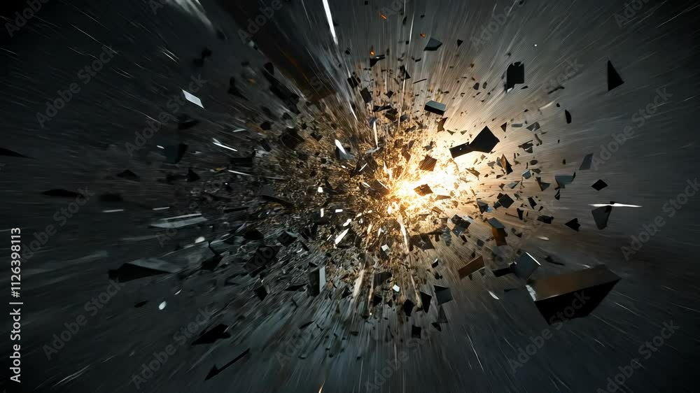 Explosion of debris in outer space with bright light, dynamic movement and chaos concept