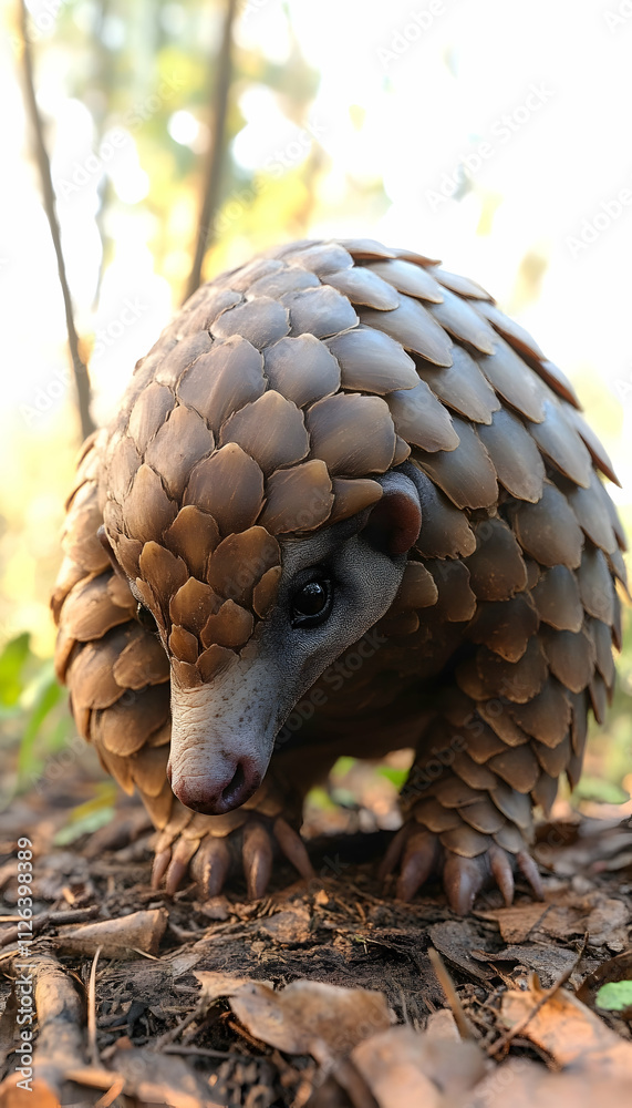 Obraz premium Close-up of a pangolin foraging on the forest floor.