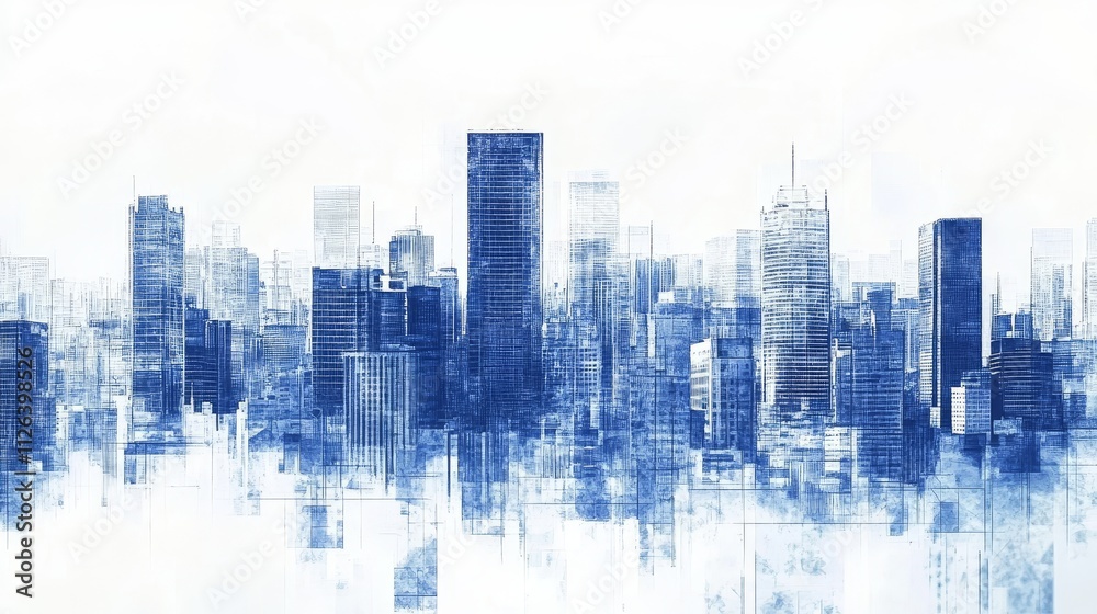 Fototapeta premium Abstract Blue Cityscape, Urban Skyline, Modern Buildings Art, Blue Toned Metropolis, Contemporary City Design