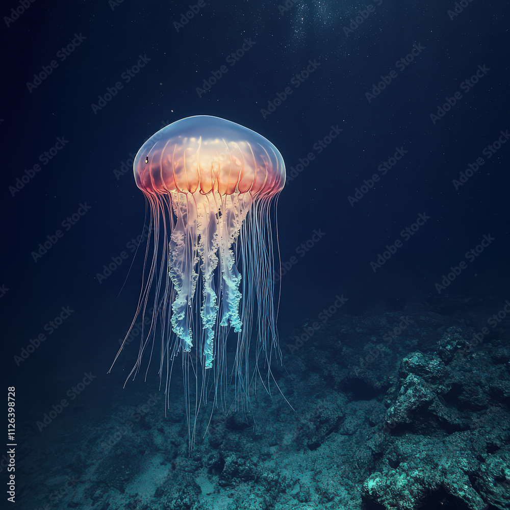 Serene jellyfish glowing in deep ocean mesmerizing underwater scene Serene jellyfish glowing in deep ocean mesmerizing underwater scene