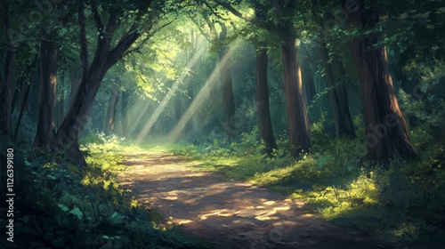 Sunlight streaming through forest trees, nature scene, serene woodland view