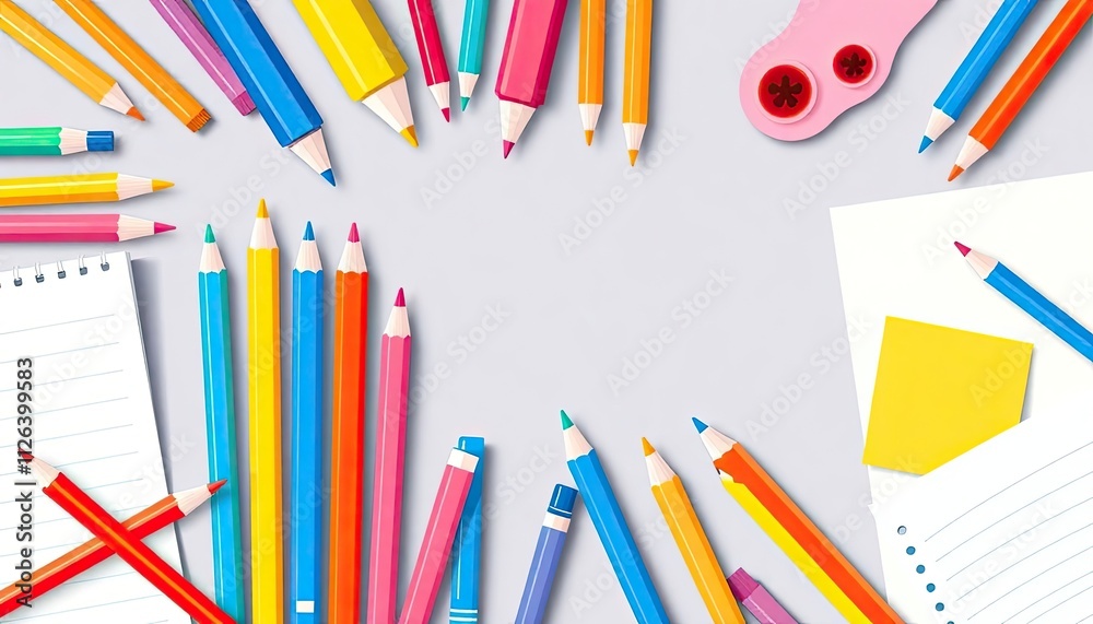 Stationery background with vibrant pens, pencils, and paper illustrations in a clean vector style Stationery background with vibrant pens, pencils, and paper illustrations in a clean vector style
