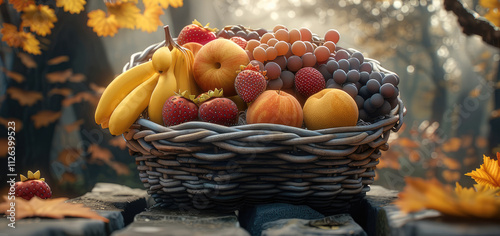 A fruit basket is placed on a stone bench by the roadside, with bananas, apples, and strawberries inside the basket.