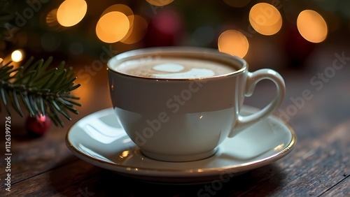 A white coffee cup with coffee stands on the table. Cozy winter atmosphere