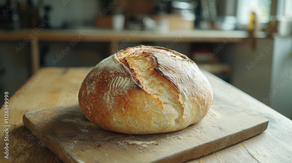 Warm loaf of freshly baked bread sits on a rustic wooden table in a charming kitchen, showcasing its golden crust and inviting aroma. Perfect for sharing moments of comfort Warm loaf of freshly baked bread sits on a rustic wooden table in a charming kitchen, showcasing its golden crust and inviting aroma. Perfect for sharing moments of comfort