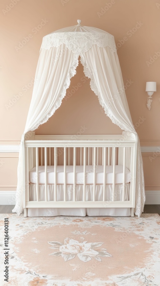 A serene nursery featuring a white crib with a decorative canopy, set against a soft peach wall and adorned with a floral rug. A serene nursery featuring a white crib with a decorative canopy, set against a soft peach wall and adorned with a floral rug.