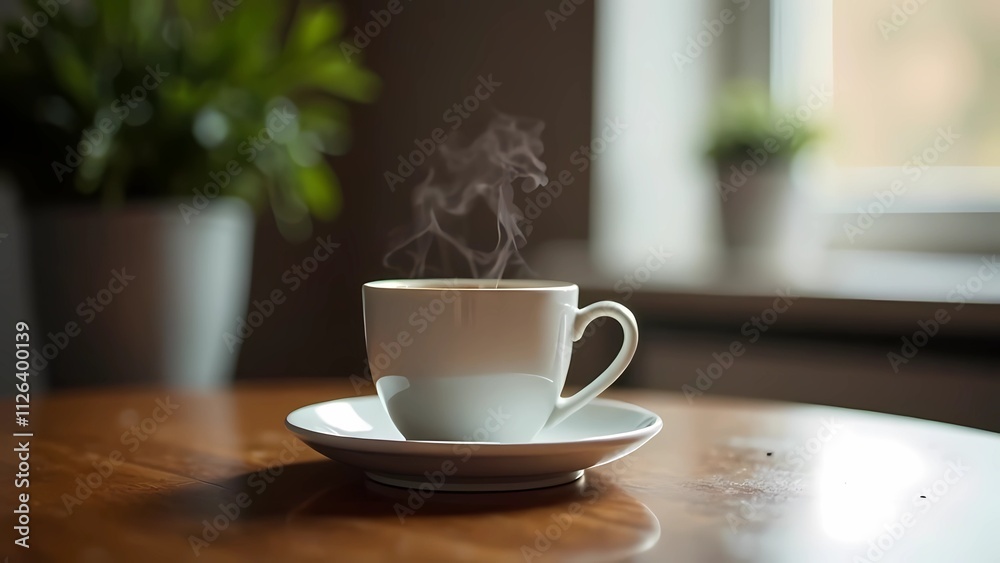 A white coffee cup with coffee stands on the table. Cozy winter atmosphere A white coffee cup with coffee stands on the table. Cozy winter atmosphere