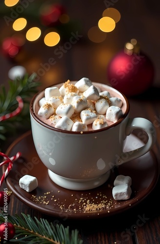 Cozy hot chocolate with marshmallows surrounded by Christmas holiday decorations