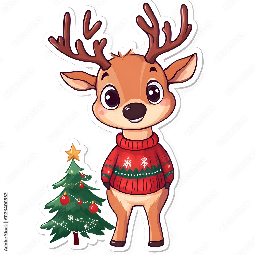 Sticker: A Christmas deer in a sweater and with a Christmas tree on a snow-white background. The figurine has a cartoon look. Sticker: A Christmas deer in a sweater and with a Christmas tree on a snow-white background. The figurine has a cartoon look.