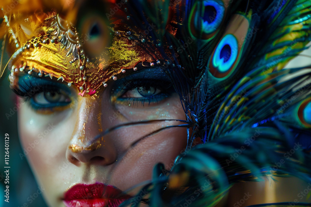 Generative AI Image of a Vibrant Carnival Mask with Glitter and Feathers