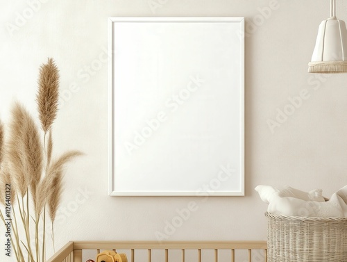 A minimalist room featuring a blank white frame on a wall, complemented by pampas grass and a wooden crib.