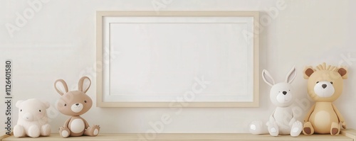 A cozy scene featuring soft stuffed animals and a blank frame, perfect for a child's room or nursery decor.