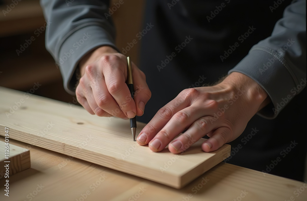 Man holds pencil in hand, carpenter measure length and draw line. AI Generative Man holds pencil in hand, carpenter measure length and draw line. AI Generative