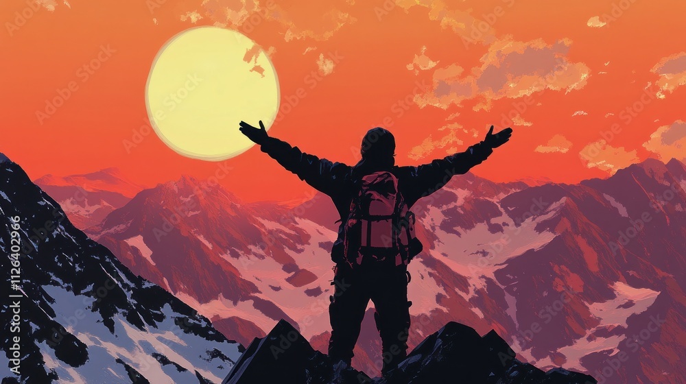 A silhouette of a person with outstretched arms against a vibrant sunset over mountains. A silhouette of a person with outstretched arms against a vibrant sunset over mountains.