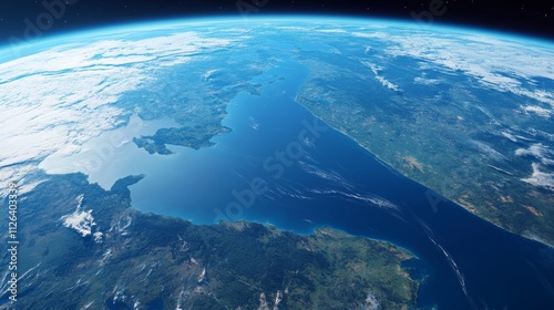 Ultra detailed, photorealistic view of Earth from space at sunrise