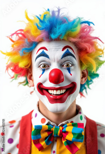 A cheerful clown with vibrant face paint, accessories, and a wide smile, on a white background.

 photo