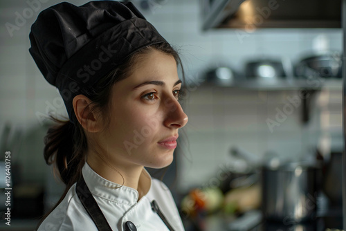 Generative AI Image of Smiling Professional Female Chef in Restaurant Kitchen photo