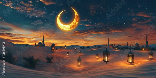 Magical Arabian Desert Night: Crescent Moon, Mosques, and Glowing Lanterns under Starlit Sky photo