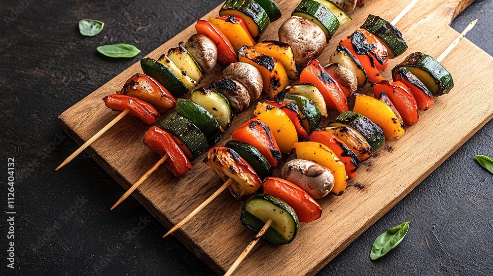 Colorful vegetable skewers on a dark surface Colorful vegetable skewers on a dark surface