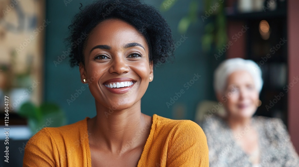 A smiling young woman in a cozy setting, with an older woman in the background, exuding warmth and connection. A smiling young woman in a cozy setting, with an older woman in the background, exuding warmth and connection.