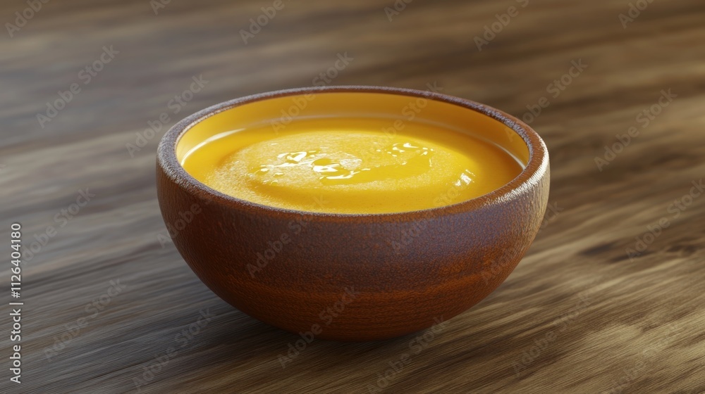 A wooden bowl filled with a smooth, yellow substance, likely a sauce or dip. A wooden bowl filled with a smooth, yellow substance, likely a sauce or dip.