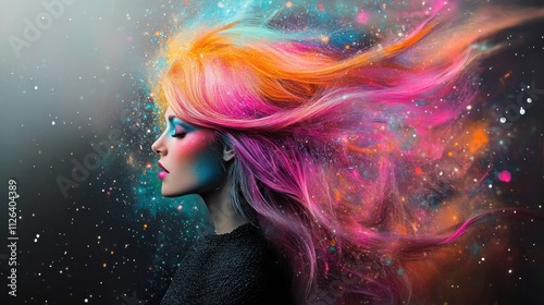 Vibrant Galaxy Hair: A Surreal Portrait of a Woman with Cosmic Hair