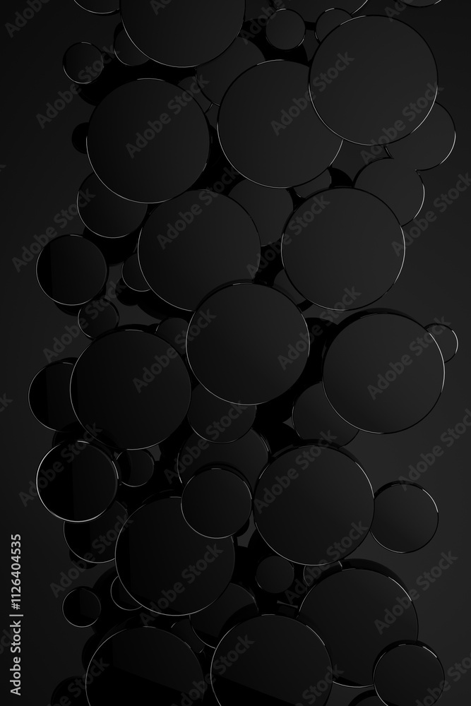 Festive black abstract background with flying glossy mirror plastic circles as pattern, top view. 3D illustration circles exquisite, rich, new year, geometric texture for sale, advertising, design. Festive black abstract background with flying glossy mirror plastic circles as pattern, top view. 3D illustration circles exquisite, rich, new year, geometric texture for sale, advertising, design.