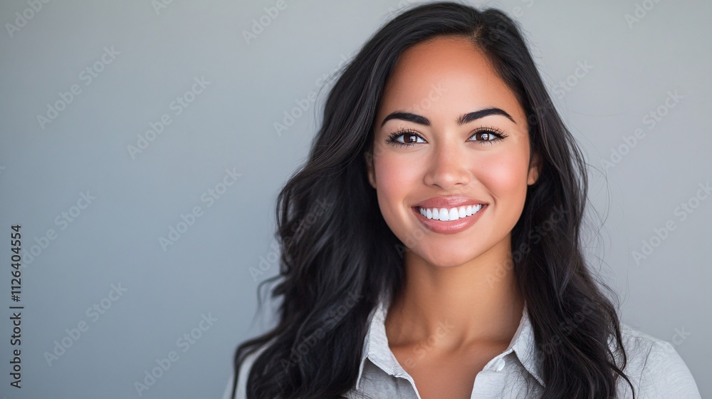 A smiling woman with long, dark hair poses confidently against a neutral background, exuding warmth and positivity. A smiling woman with long, dark hair poses confidently against a neutral background, exuding warmth and positivity.