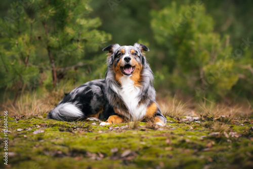 Dog, Lucky Australian Shepherd sitting in the forest photo