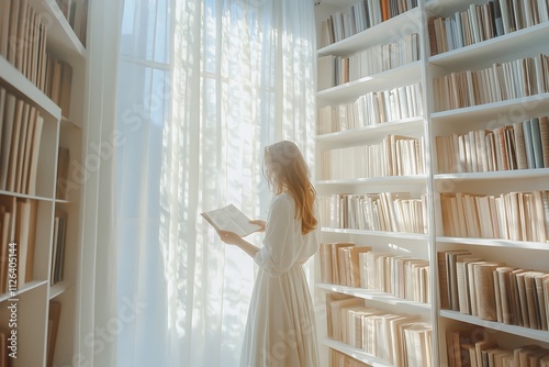 Woman reading a book in library