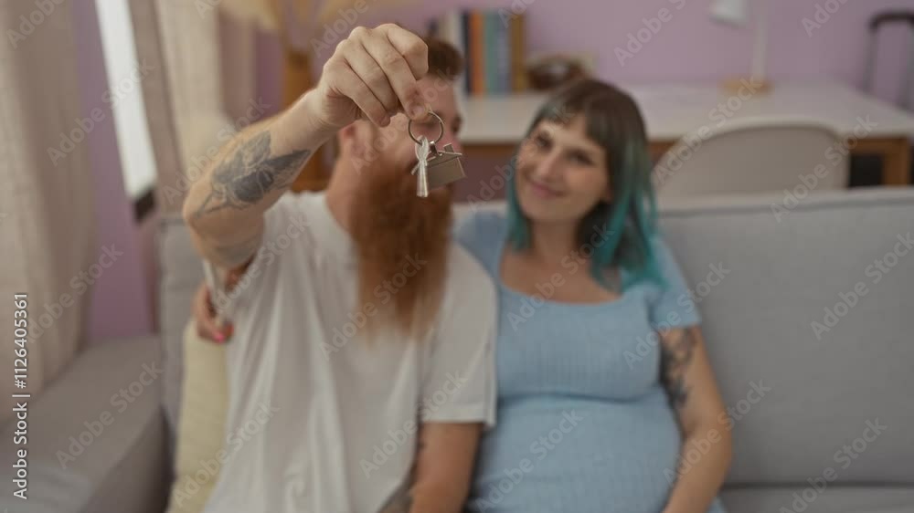 Pregnant woman and man with tattoos holding house keys in a living room, symbolizing new home and family love Pregnant woman and man with tattoos holding house keys in a living room, symbolizing new home and family love