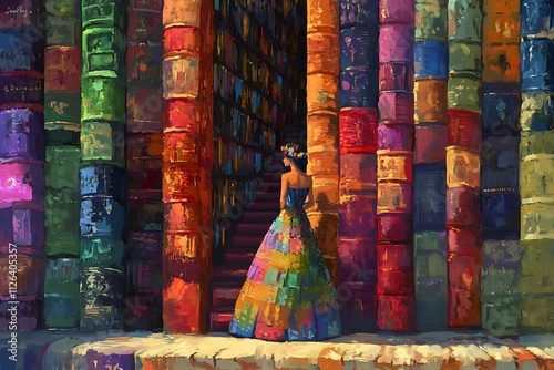 Princess standing infont of magic book castle in fantacy world