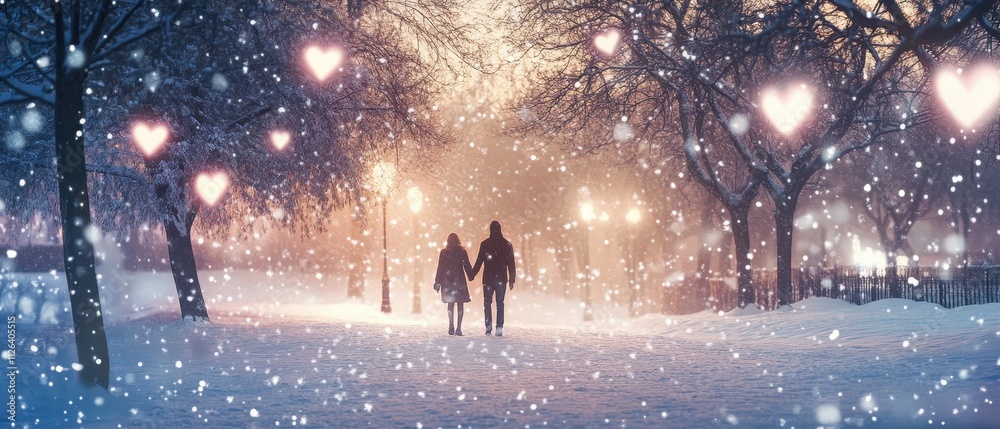 Couple walking hand in hand through a snowy park during a serene evening Couple walking hand in hand through a snowy park during a serene evening