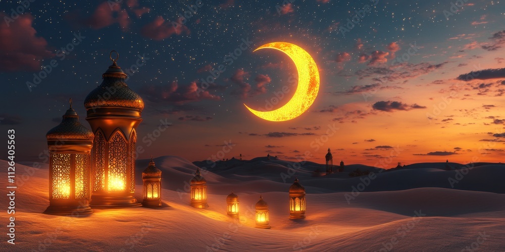 Fototapeta premium Ramadan Night in the Desert: Golden Lanterns Under Crescent Moon and Starry Sky