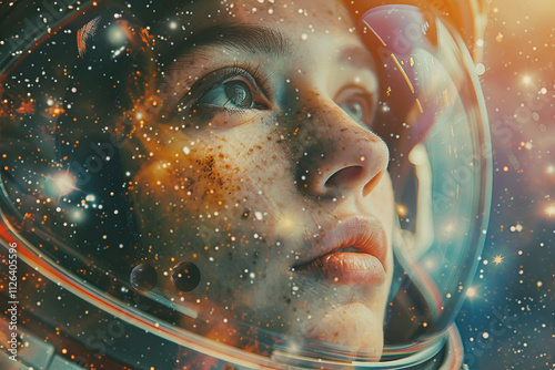 Glamorous astronaut in space with moon reflection on helmet, fantasy artwork in a pink cosmic retro scene, Generative AI photo