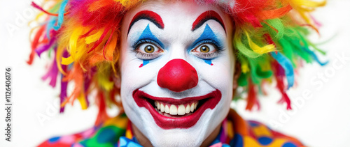 A cheerful clown with vibrant face paint, accessories, and a wide smile, on a white background.

 photo